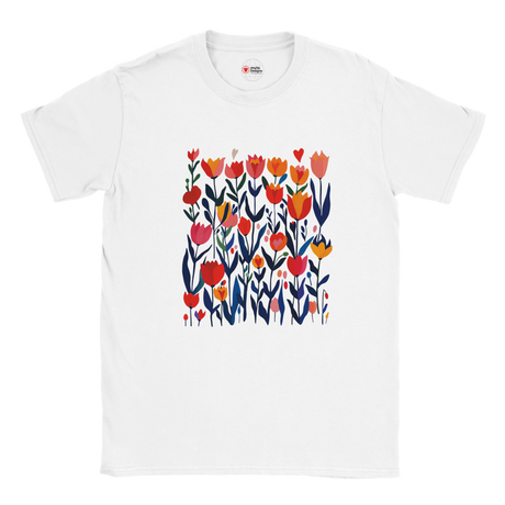 White t-shirt with colorful floral design on a white background