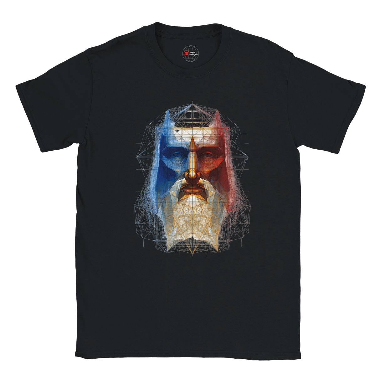 Black t-shirt with a colorful graphic design of a face on a white background