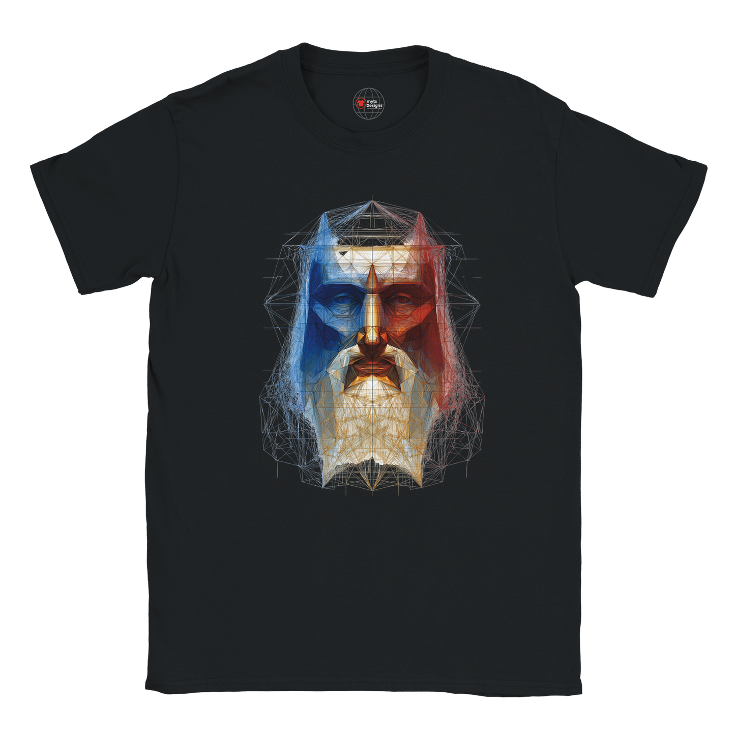 Black t-shirt with a colorful graphic design of a face on a white background