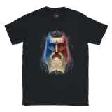Black t-shirt with a colorful graphic design of a face on a white background