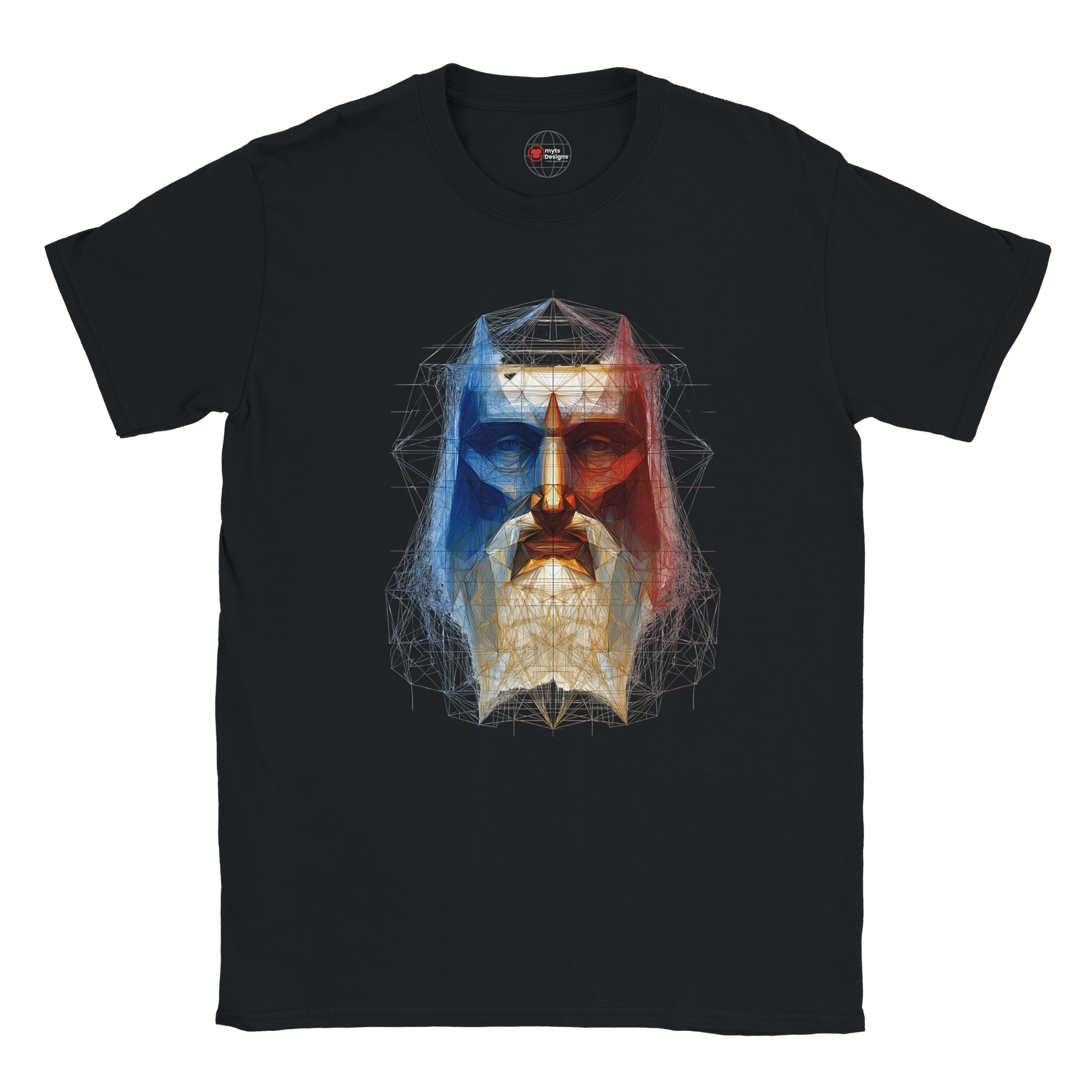 Black t-shirt with a colorful graphic design of a face on a white background