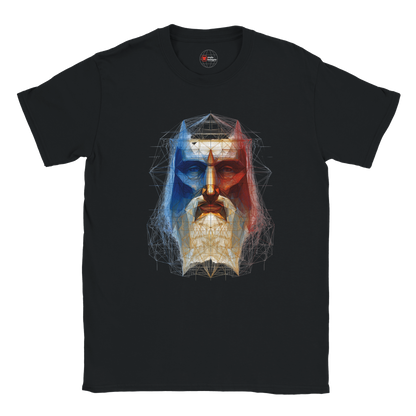 Black t-shirt with a colorful graphic design of a face on a white background