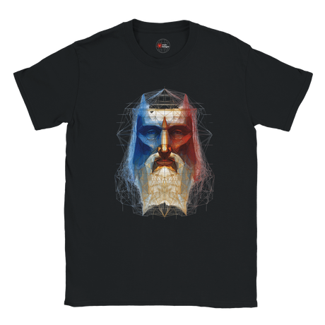 Black t-shirt with a colorful graphic design of a face on a white background