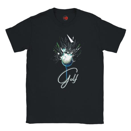 Black t-shirt with a graphic design of a golf ball and the word 'Golf' on a white background