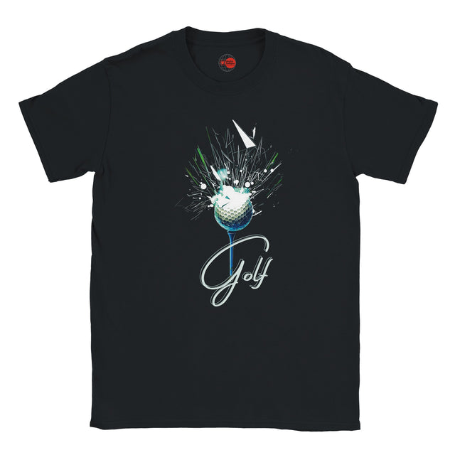 Black t-shirt with a graphic design of a golf ball and the word 'Golf' on a white background