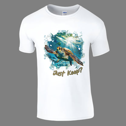 White T-shirt, Green Sea Turtle, "Just Keep"