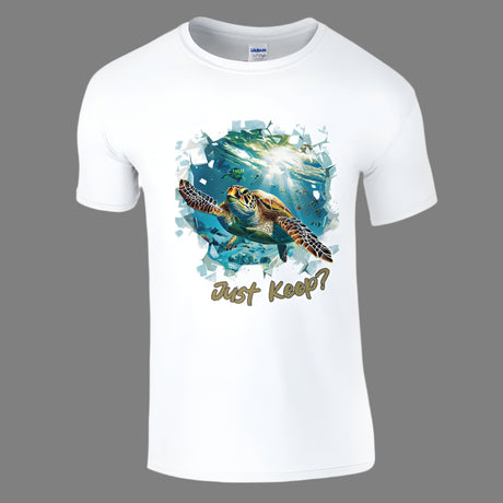 White T-shirt, Green Sea Turtle, "Just Keep"