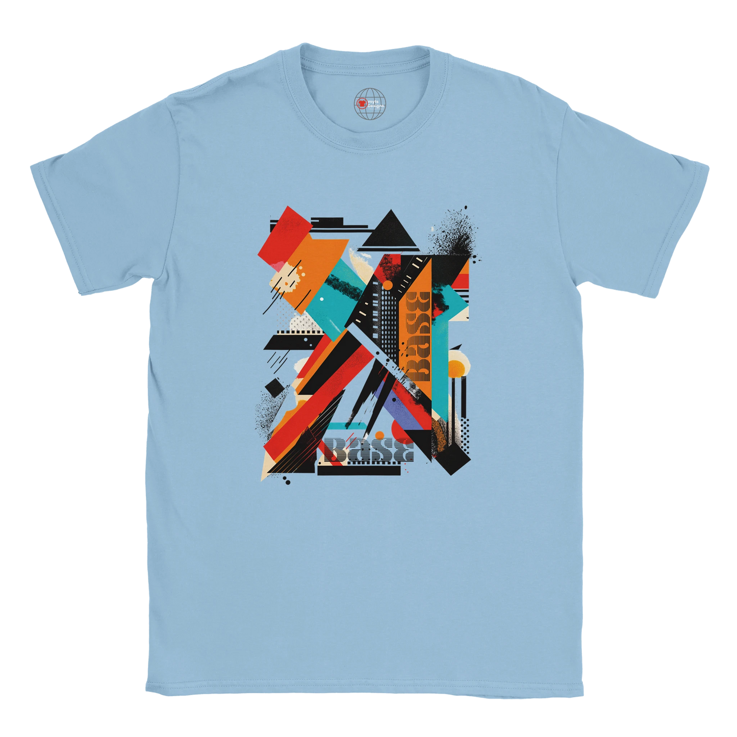 A blue unisex crewneck t-shirt with a vibrant abstract geometric art graphic in the center.