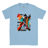 A blue unisex crewneck t-shirt with a vibrant abstract geometric art graphic in the center.