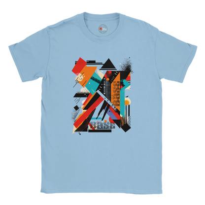 A blue unisex crewneck t-shirt with a vibrant abstract geometric art graphic in the center.