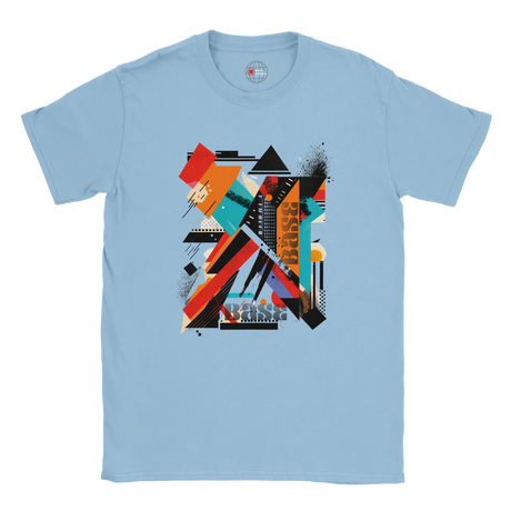 A blue unisex crewneck t-shirt with a vibrant abstract geometric art graphic in the center.