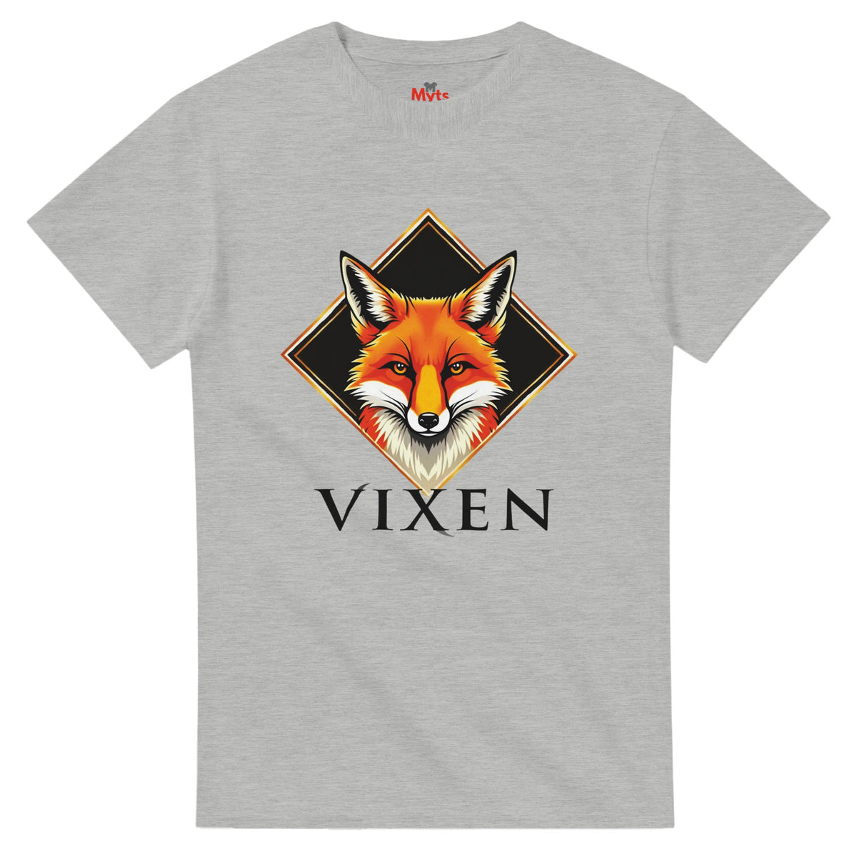 Gray t-shirt with a fox graphic and 'Vixen' text on a white background
