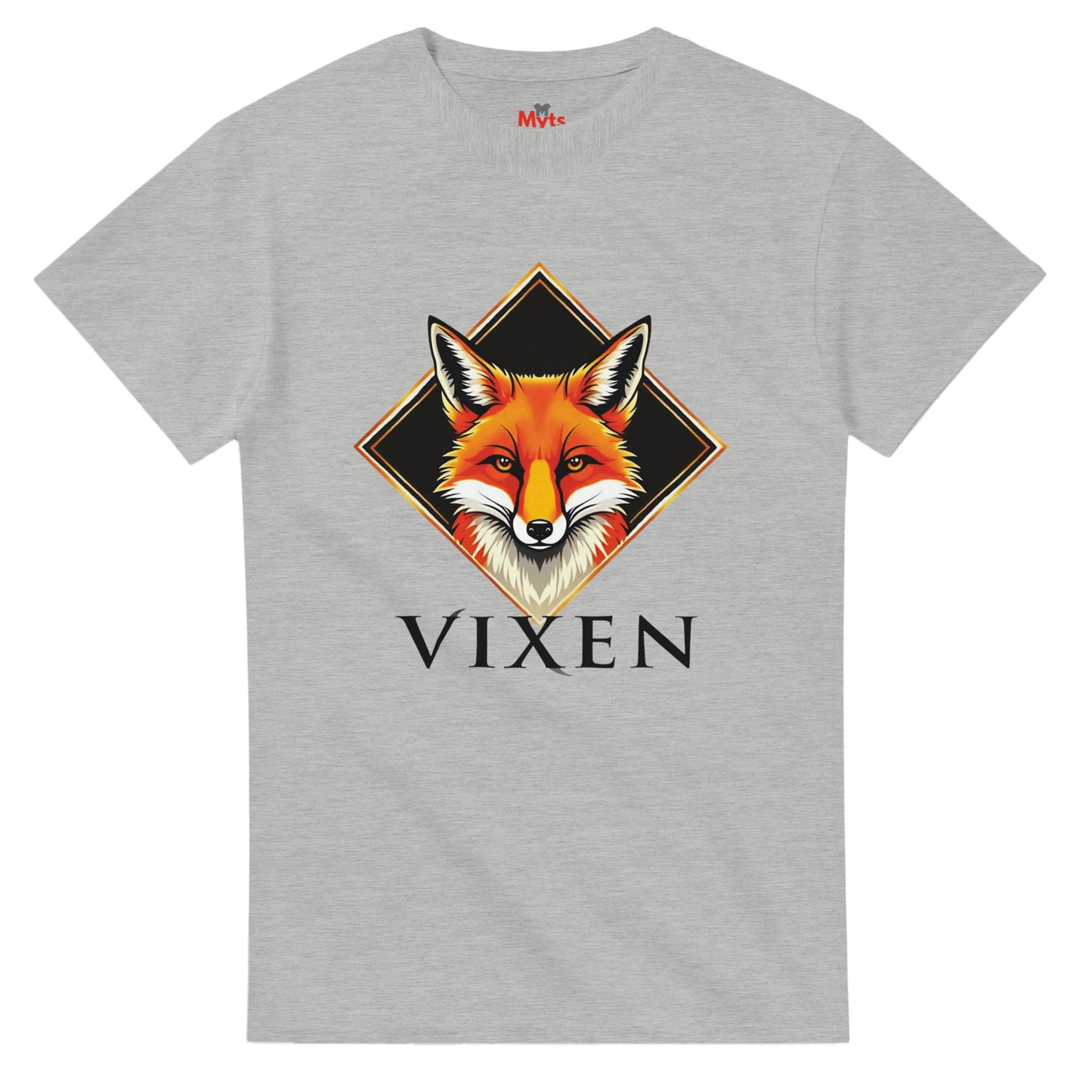 Gray t-shirt with a fox graphic and 'Vixen' text on a white background