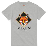 Gray t-shirt with a fox graphic and 'Vixen' text on a white background