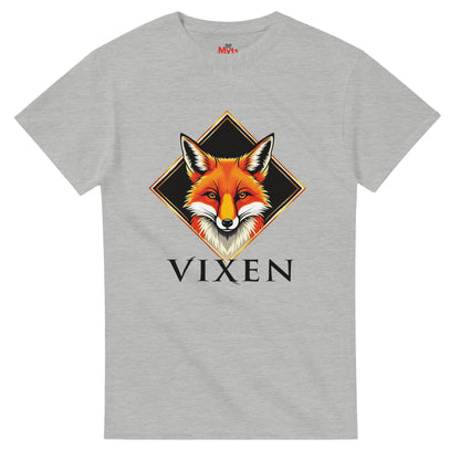Gray t-shirt with a fox graphic and 'Vixen' text on a white background