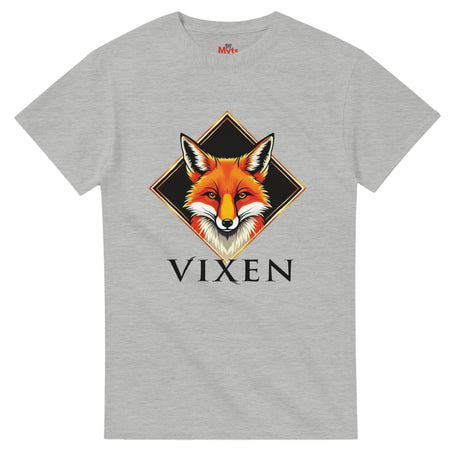 Gray t-shirt with a fox graphic and 'Vixen' text on a white background