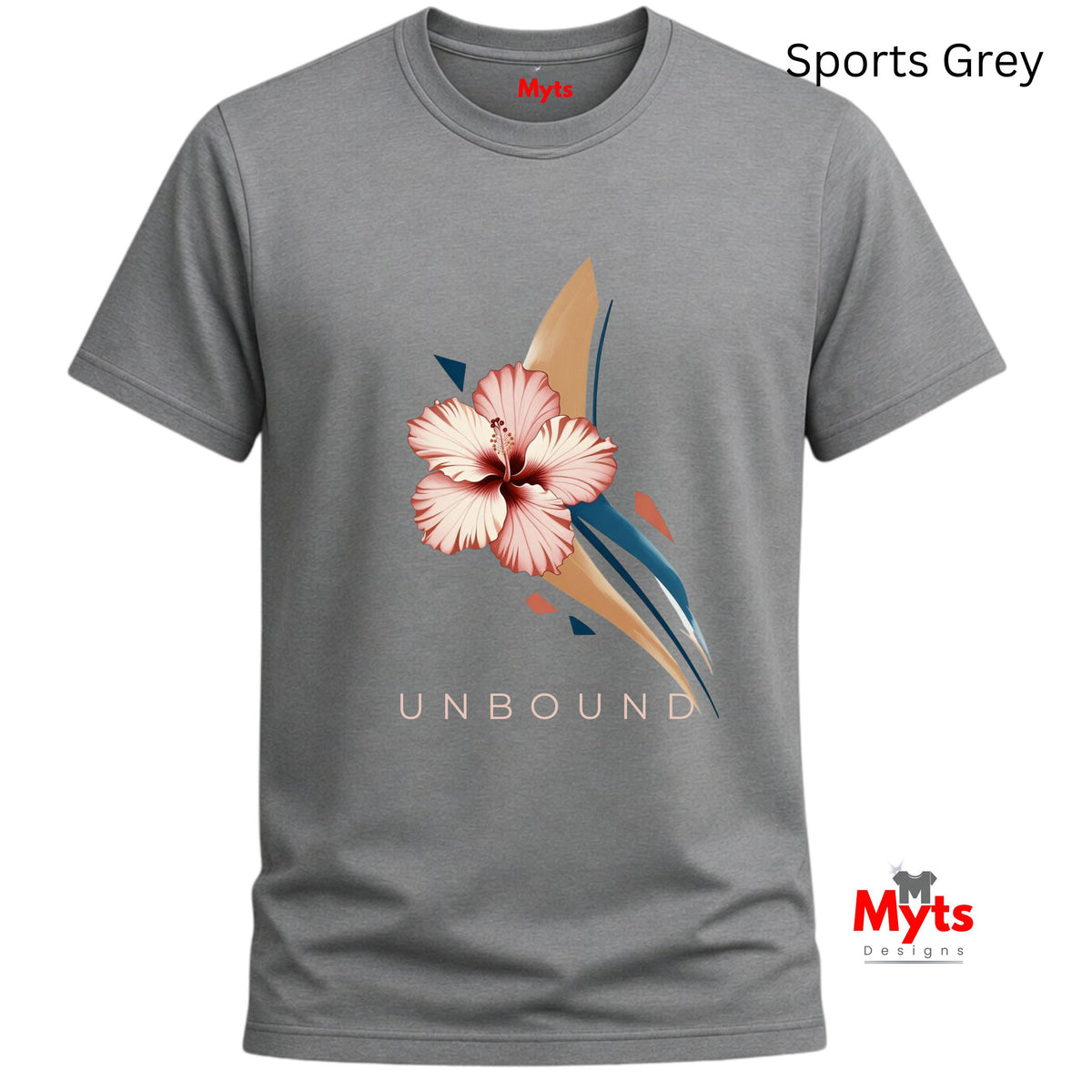 Sports Grey crew-neck T-shirt featuring the UNBOUND pink hibiscus flower and minimalist navy and beige abstract design.
