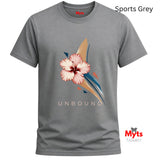 Sports Grey crew-neck T-shirt featuring the UNBOUND pink hibiscus flower and minimalist navy and beige abstract design.
