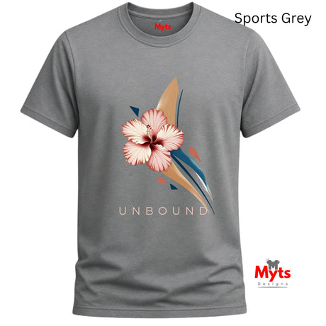 Sports Grey crew-neck T-shirt featuring the UNBOUND pink hibiscus flower and minimalist navy and beige abstract design.