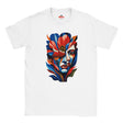 White T-shirt featuring a colourful abstract floral face portrait with layered blue, red, coral and yellow geometric shapes, flowers and botanical leaves.