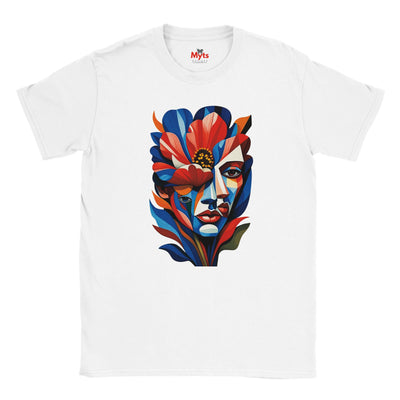White T-shirt featuring a colourful abstract floral face portrait with layered blue, red, coral and yellow geometric shapes, flowers and botanical leaves.