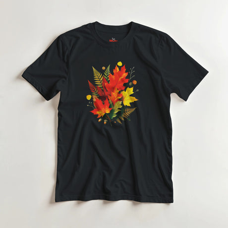 Black t-shirt with autumn leaf design on a light gray background