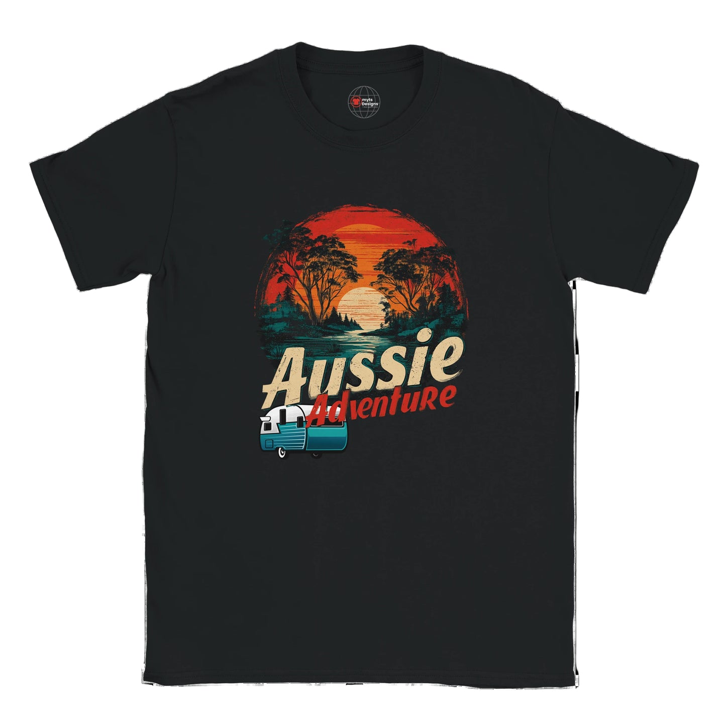Black t-shirt with 'Aussie Adventure' graphic design on a white background