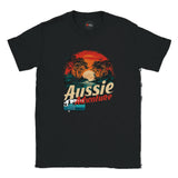 Black t-shirt with 'Aussie Adventure' graphic design on a white background