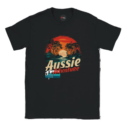 Black t-shirt with 'Aussie Adventure' graphic design on a white background