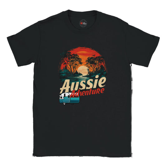 Black t-shirt with 'Aussie Adventure' graphic design on a white background