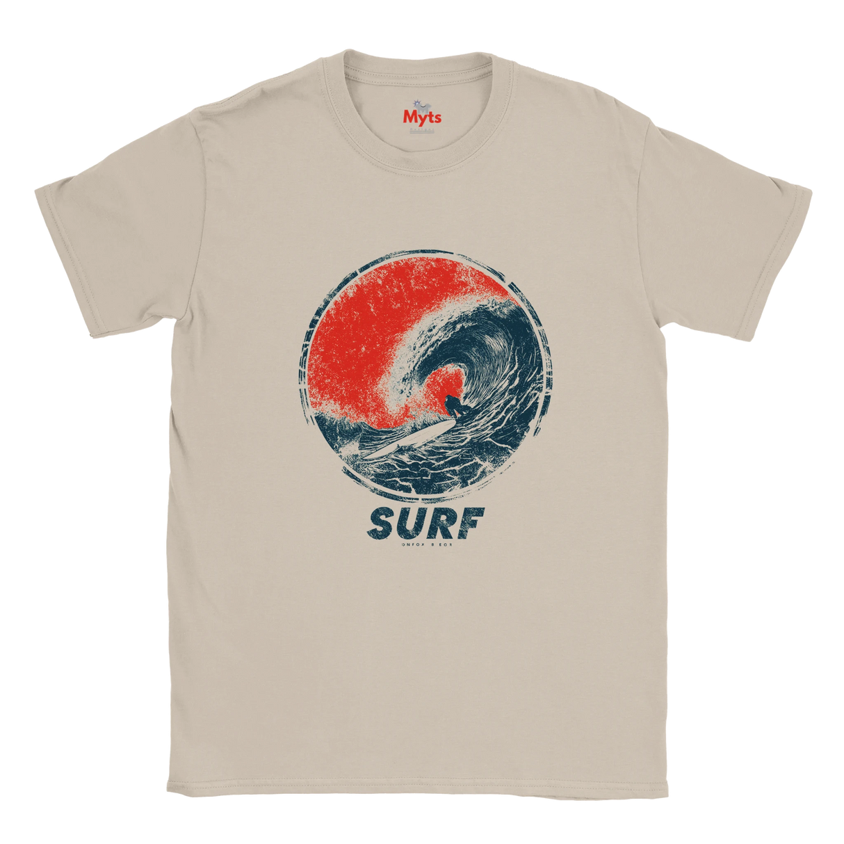 A Natual crewneck t-shirt featuring a distressed circular graphic of a surfer riding a wave in red and navy blue, with the word 'SURF' printed below.