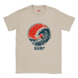 A Natual crewneck t-shirt featuring a distressed circular graphic of a surfer riding a wave in red and navy blue, with the word 'SURF' printed below.