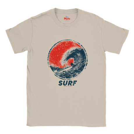 A Natual crewneck t-shirt featuring a distressed circular graphic of a surfer riding a wave in red and navy blue, with the word 'SURF' printed below.