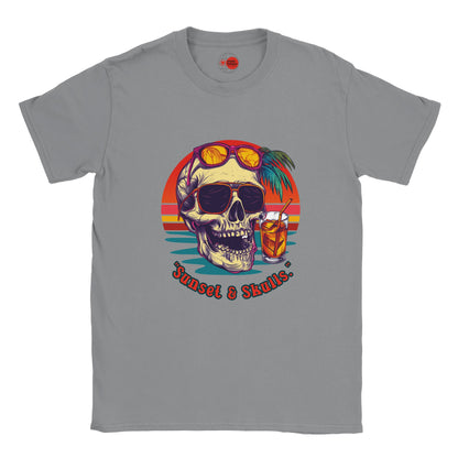 Gray t-shirt with a skull graphic and 'Sunset & Skulls' text on a white background
