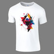 A white casual T-shirt with a geometric triangle design in multiple colors on the front.