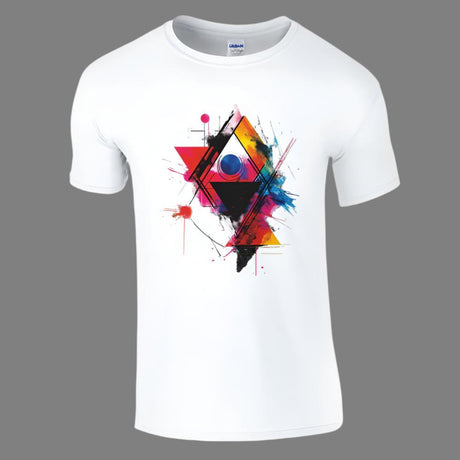 A white casual T-shirt with a geometric triangle design in multiple colors on the front.