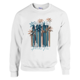 White sweatshirt with palm tree design and 'Paradise Found' text on a white background