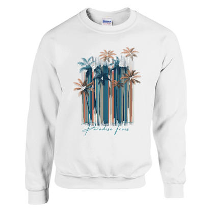 White sweatshirt with palm tree design and 'Paradise Found' text on a white background