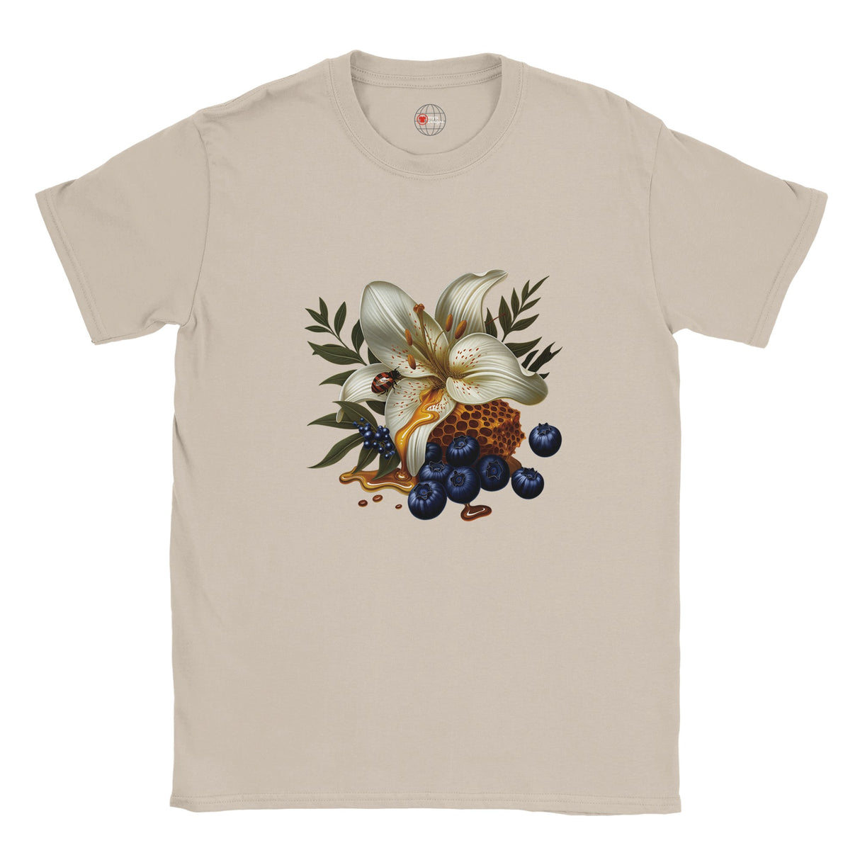 Beige t-shirt with a floral and berry design on a white background