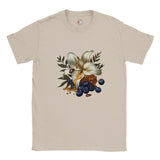 Beige t-shirt with a floral and berry design on a white background