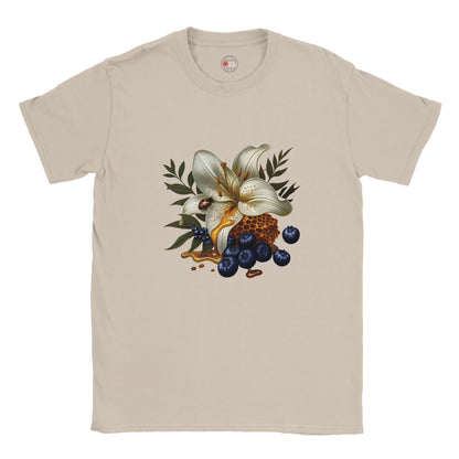 Beige t-shirt with a floral and berry design on a white background