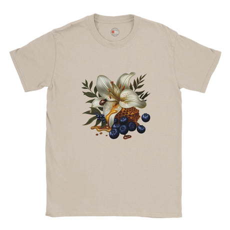 Beige t-shirt with a floral and berry design on a white background