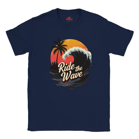 Navy blue t-shirt with 'Ride the Wave' graphic design featuring a sunset and palm trees on a white background.