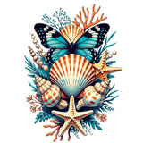 A colorful underwater-themed graphic illustration featuring a blue and black butterfly, orange and beige seashells, starfish, coral, and teal sea plants on a plain white background.