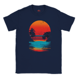 Navy blue t-shirt with a sunset and palm tree design on a white background