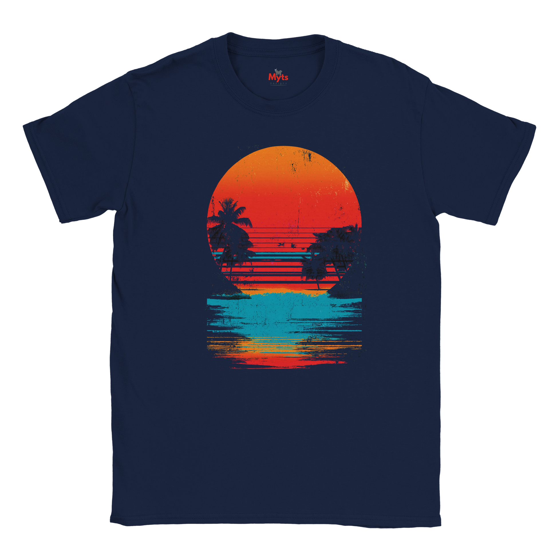 Navy blue t-shirt with a sunset and palm tree design on a white background