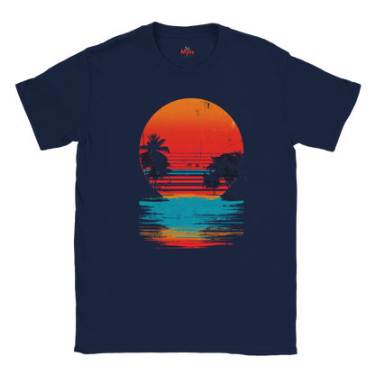 Navy blue t-shirt with a sunset and palm tree design on a white background
