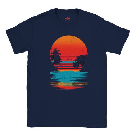 Navy blue t-shirt with a sunset and palm tree design on a white background