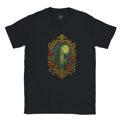 Black t-shirt with a decorative design of a castle and roses on a white background