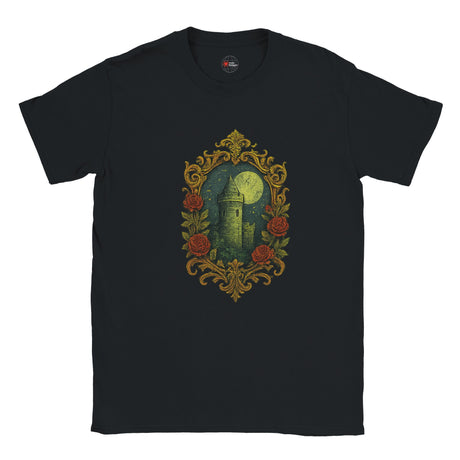 Black t-shirt with a decorative design of a castle and roses on a white background